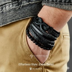 Bracelet en cuire à perles noir vintage pour hommes